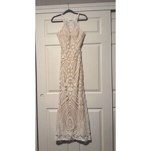 Dave & Johnny Y2K White Nude Art Deco Geometric Sequin Formal Prom Dress Fairy